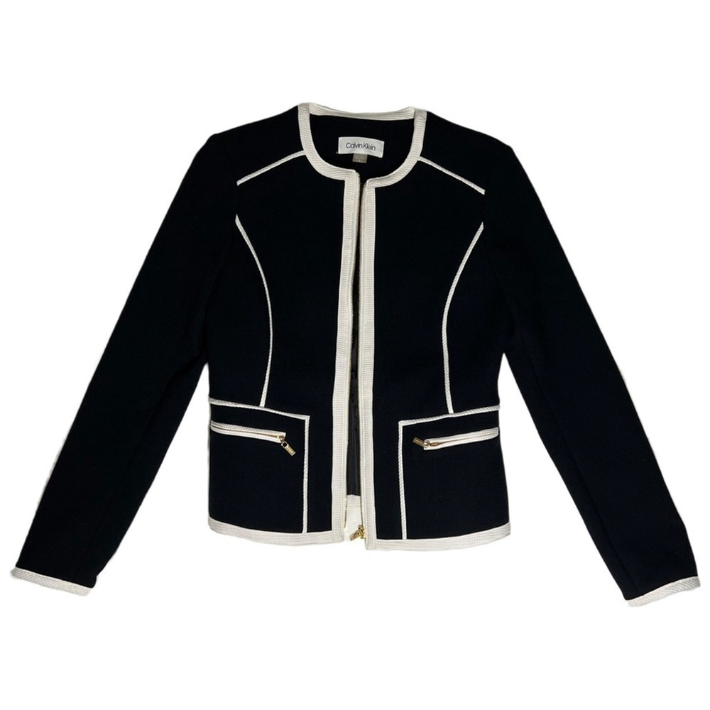 NWOT Calvin Klein Women's Piped-Trim Suit Jacket Black & White Blazer Size 2